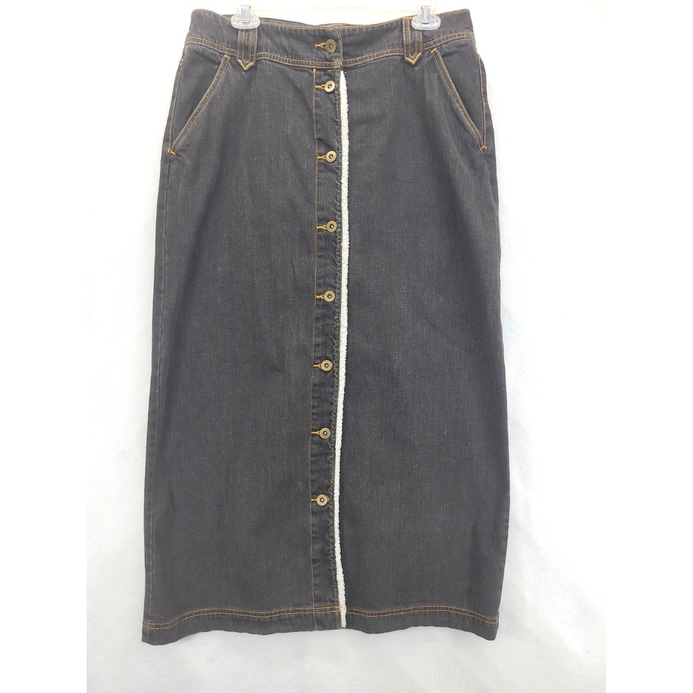 Junction West Black Denim Skirt Sherpa Trim Sz 10 Midi Pencil Button Up Cowgirl